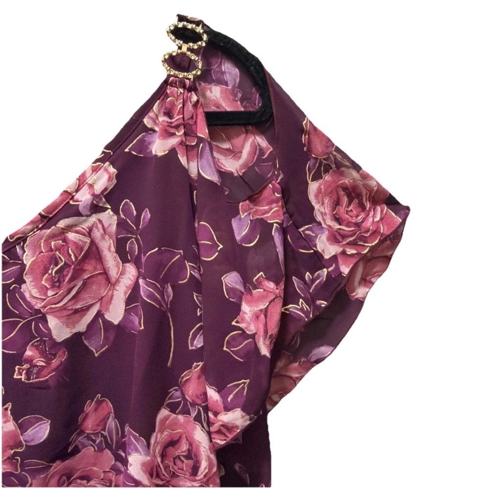 NAIF Cold Shoulder Chiffon Overlay Floral V-Neck Blouse Purple/Pink Boho Artsy L - Picture 3 of 7